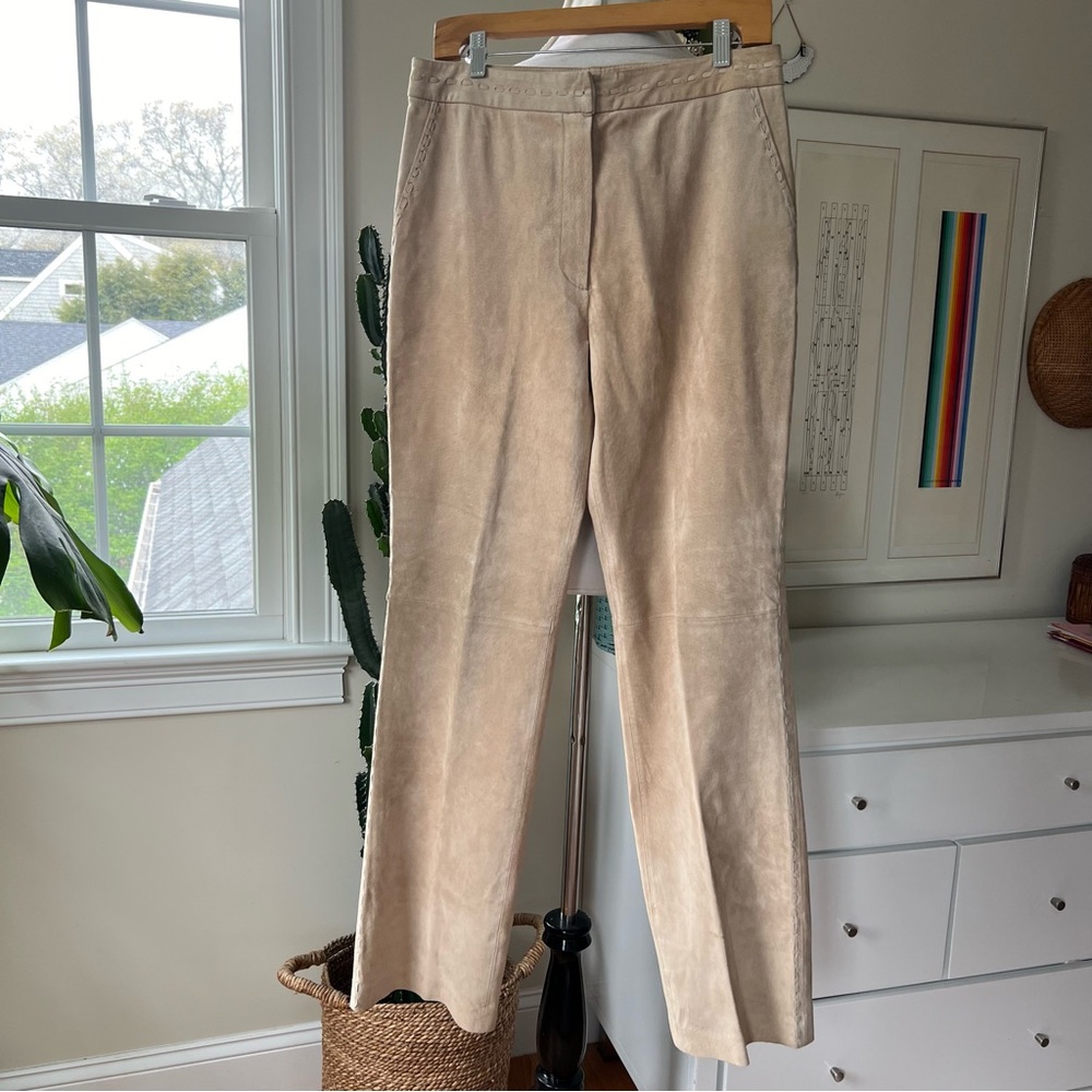 Bernardo Suede Leather Pants with Whipstitch Detailing Women's Size 8 Color Sand